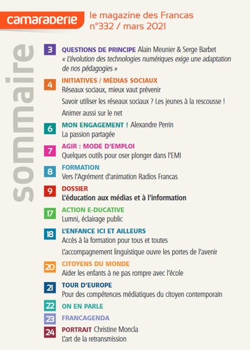 Couverture Camaraderie 332 - L'éducation aux medias et à l'information - Les Francas Couverture Camaraderie 332 - L'éducation aux medias et à l'information - Les Francas